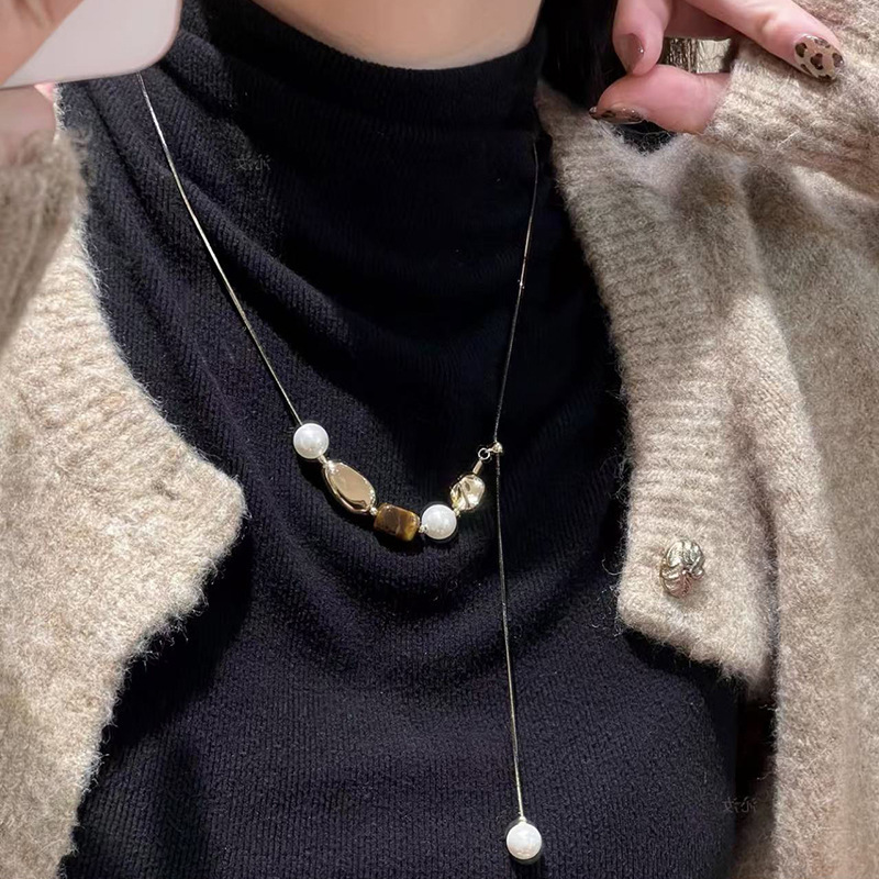 天然虎眼石珍珠串珠抽拉项链女铜镀真金法式长款吊坠流苏颈链项饰|undefined