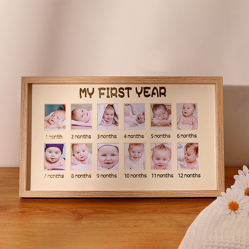 Baby's First Birthday Growth Memory Photo Frame & Display Stand | Kids' Photo Album for Recording Milestones | Wall-Mounted Grid Design