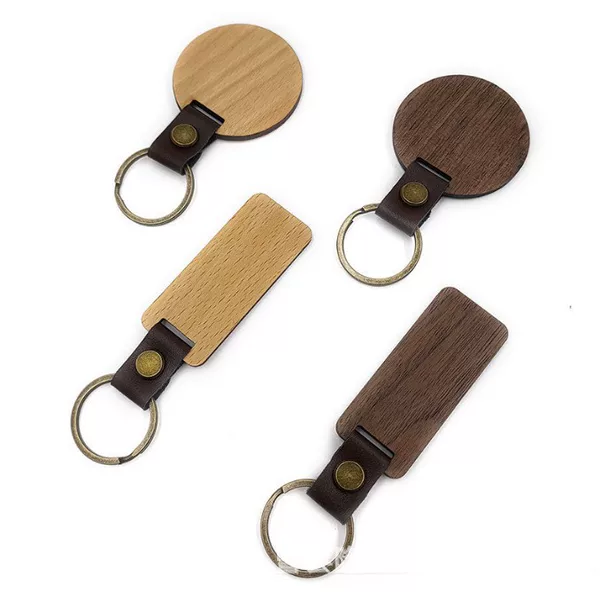 Wooden Keychain Metal Ring Laser Engraving Pattern Leather Wooden Buckle Solid Wood Creative Pendant Wooden Pendant Accessories