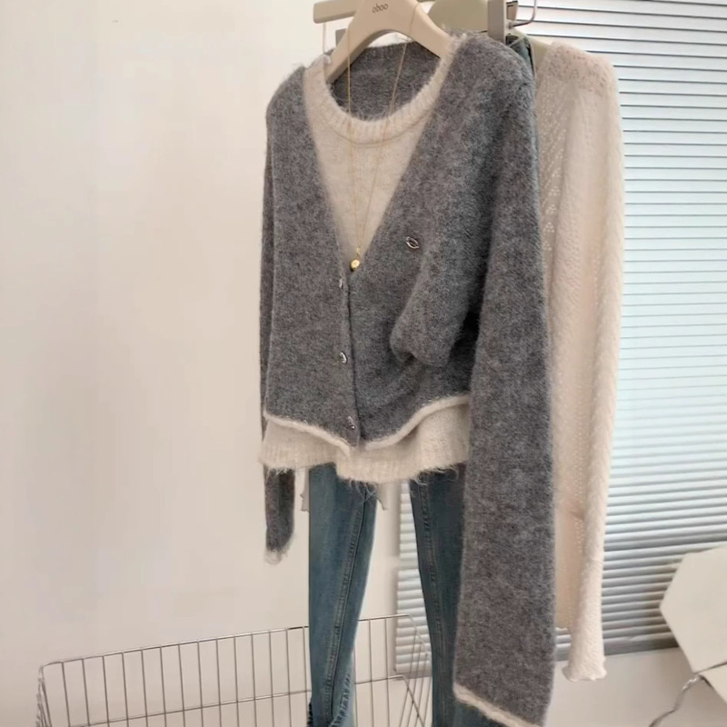 韩系慵懒风灰色假两件针织开衫毛衣女秋冬小众高级感超好看上衣潮|undefined