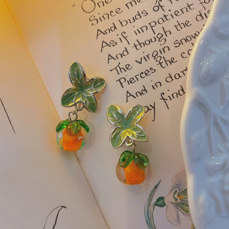 Persimmon Ruyi Glass Persimmon Vintage Elegant Cyber Celebrity Orange Earrings Cute Sweet Chinese Style Ear Stud Ear Accessories Trendy