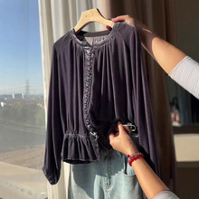 文艺复古丝绒长袖衬衫女2025秋装新款圆领木耳边装饰抽绳衬衣小衫