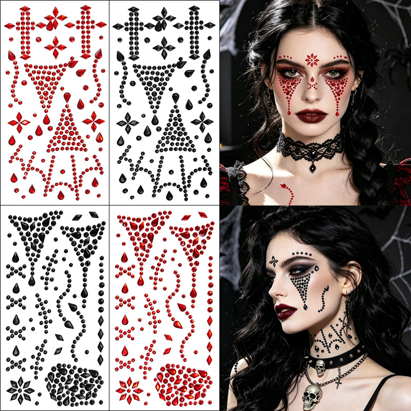 Cross-Border Exclusive Supply of Halloween Face Stickers with Rhinestones for Parties, Red and Black Spider Web Cos Cross Scar Rhinestone Stickers