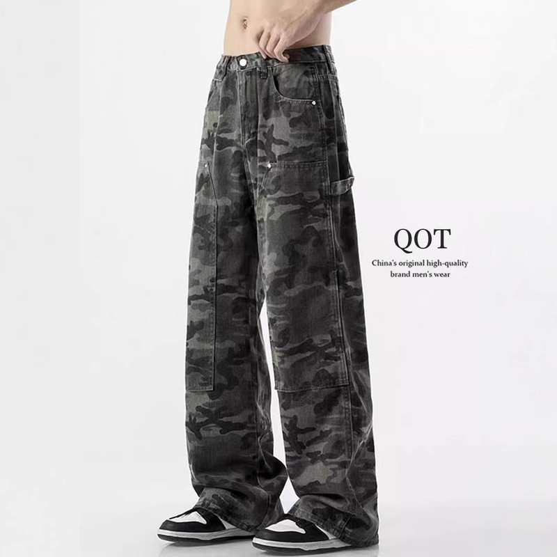 American Camouflage Cargo Jeans Men's Loose High Street Hiphop Straight Pants Trendy Brand Large Size Wide Leg Sports Pants