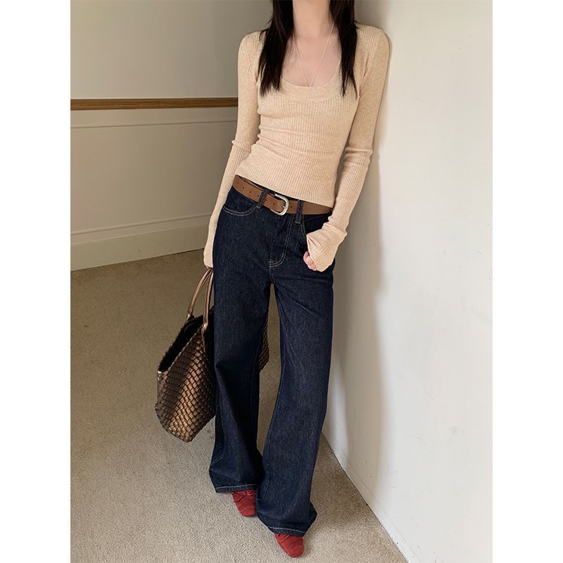 秋秋百搭U领修身显瘦纯色长袖打底衫新款纯欲风弹力针织衫上衣