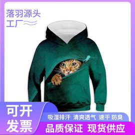 跨境热卖儿童大码连帽衫3D数码印花猫套头长袖连帽衫童装POD定-制