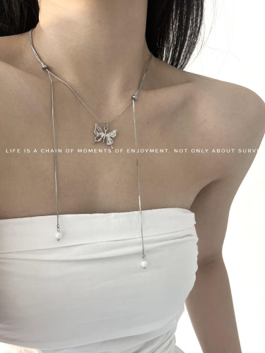 Silver Butterfly Pull-Chain Necklace for Women, Chic Cold Wind, Light Luxury Clavicle Chain, Fashion  New Arrival, Versatile Collar Necklace