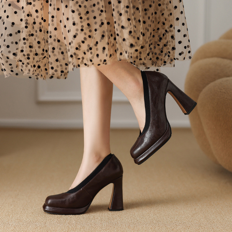 Giày cao gót nữ mũi nhọn chữ V da cừu, gót 9.8 cm, đi làm xuân thu — Màu nâu