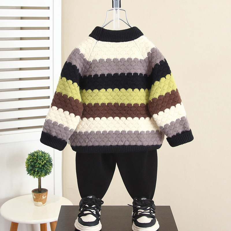 6776 ropa de otoño e invierno para niños suéter a rayas 2025 nuevo suéter de punto grueso para niños de invierno top ropa de bebé