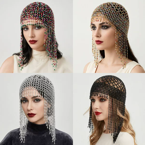 Cross-Border European and American Retro Colorful Beaded Tassel Hair Chain, Hand-Woven Mesh Hair Hat, Bridal Dress Hollow Decorative Hair Net