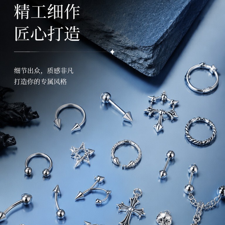 Cross-Border 12-Piece Rivet Nail Art Accessories Alloy Hot Girl Piercing Chrome Hearts Punk Style Piercing Rings Nail Decorations