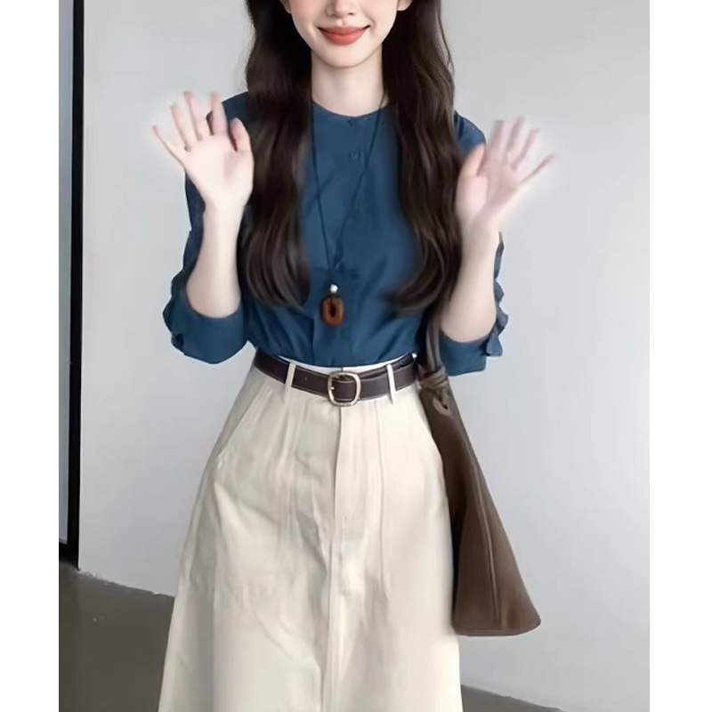 法式湖蓝色圆领长袖衬衫女装2025秋季新款高JI感显瘦衬衣气质上衣|undefined