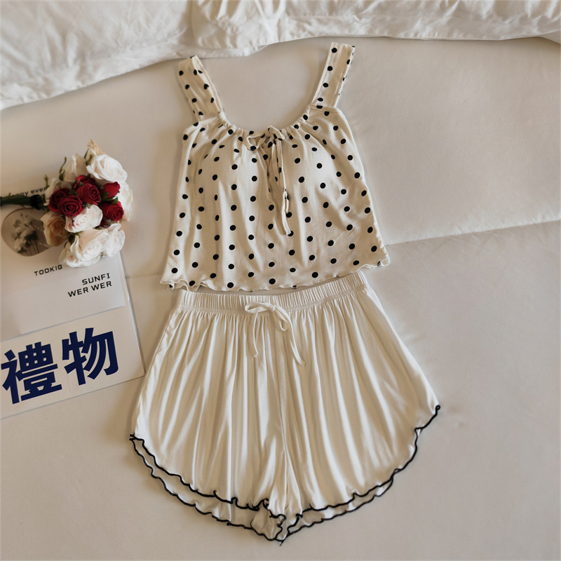 ND8394.2#(가슴 패드 포함) 도트 화이트 조끼 + 밀크 화이트 반바지