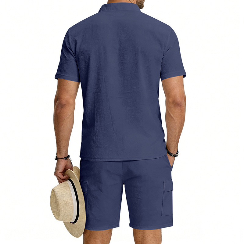 Men's Linen Henley Short Sleeve Shirt & Shorts Set, Breathable Summer Casual Outfit For Outdoor Travel And Daily Relaxation_viptrois.com