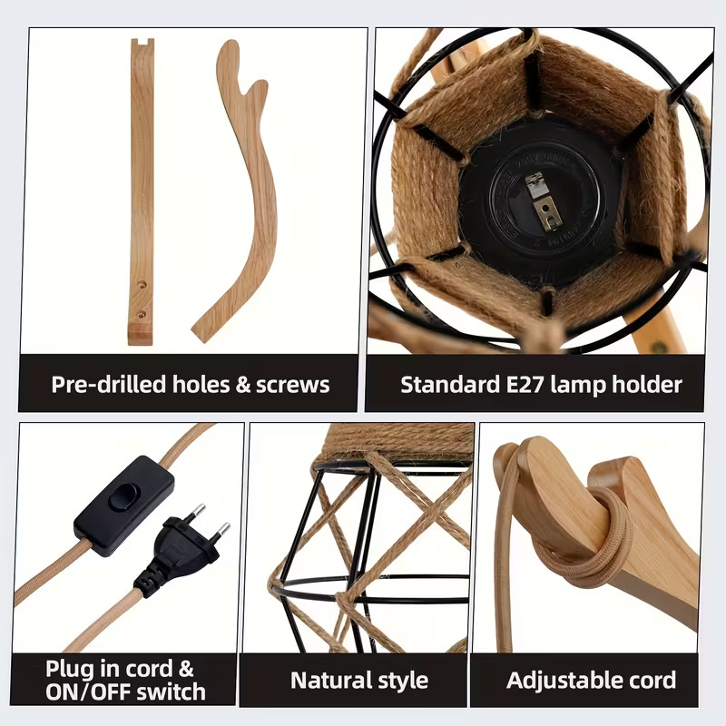 Lámpara de pared enchufable estilo americano rústico madera sólida lámpara de pared de cuerda de cáñamo industrial lámpara de pared de cuerda de cáñamo transfronteriza lámpara de pared de comercio electrónico