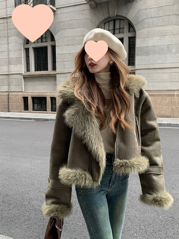 Fur One-Piece Jacket for Women, Short Motorcycle Jacket for Women, Slimming Look Korean Style Anti-Fur Fur Jacket, Winter Top for Women