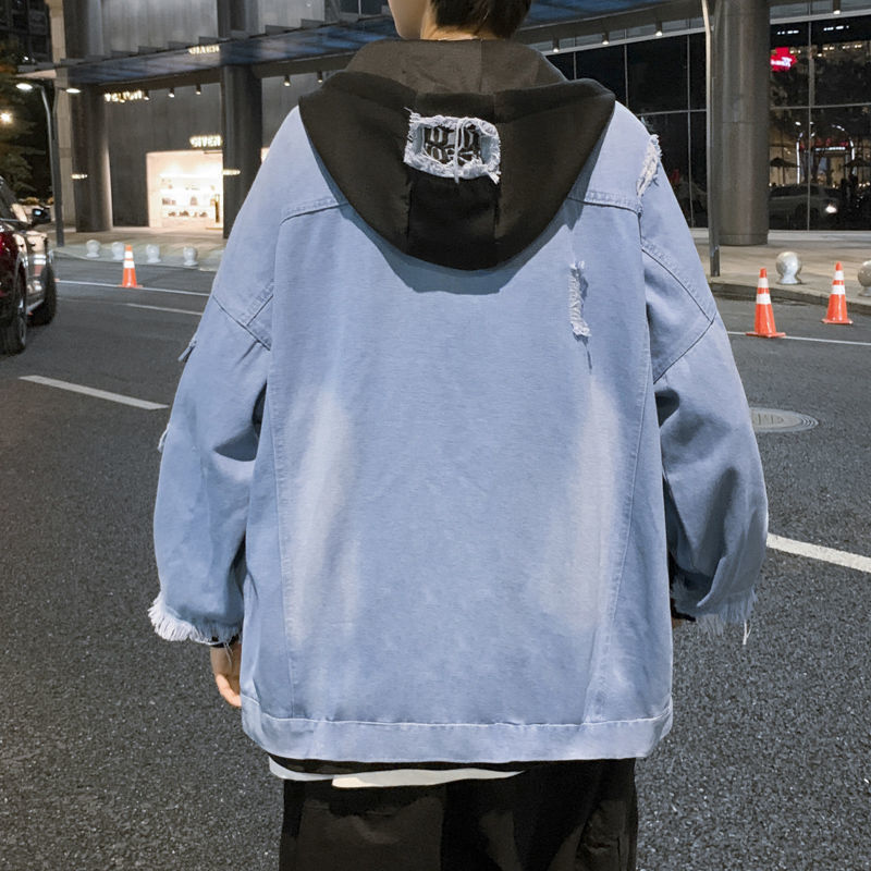 Men's Loose Fit Hooded Denim Jacket Korean Style Workwear Coat False Two-Piece Black Blue Autumn Streetwear with Tags_viptrois.com