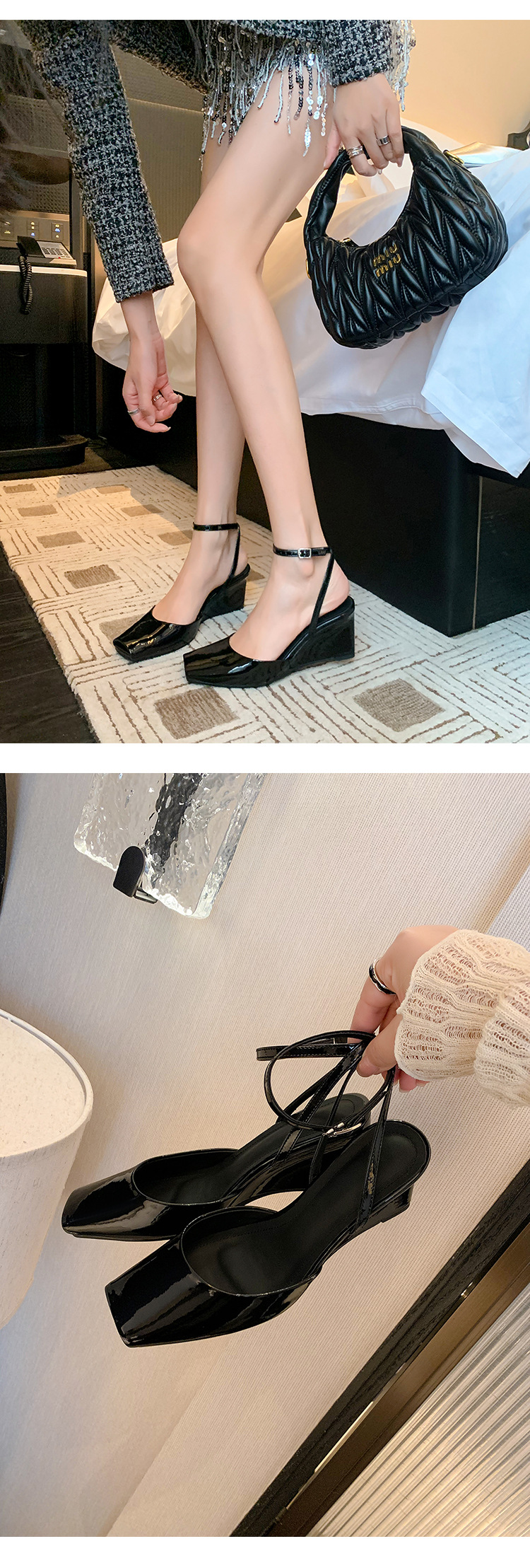 Sandal cao gót nữ mũi vuông quai mắt cá chân, gót xuồng 9 cm — đen, Màu trắng nhạt, bạc chi tiết 20