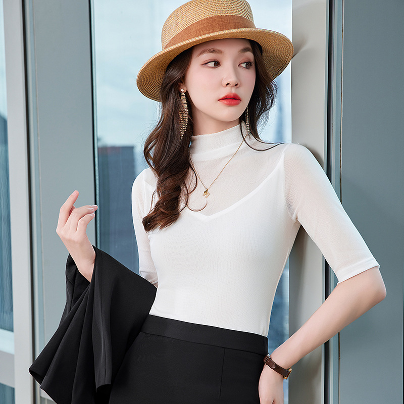 White Half Turtleneck High Elastic Top 2025 Autum Professional Suit with Elegant Slim Bottoming Shirt for Women to Wear Outside