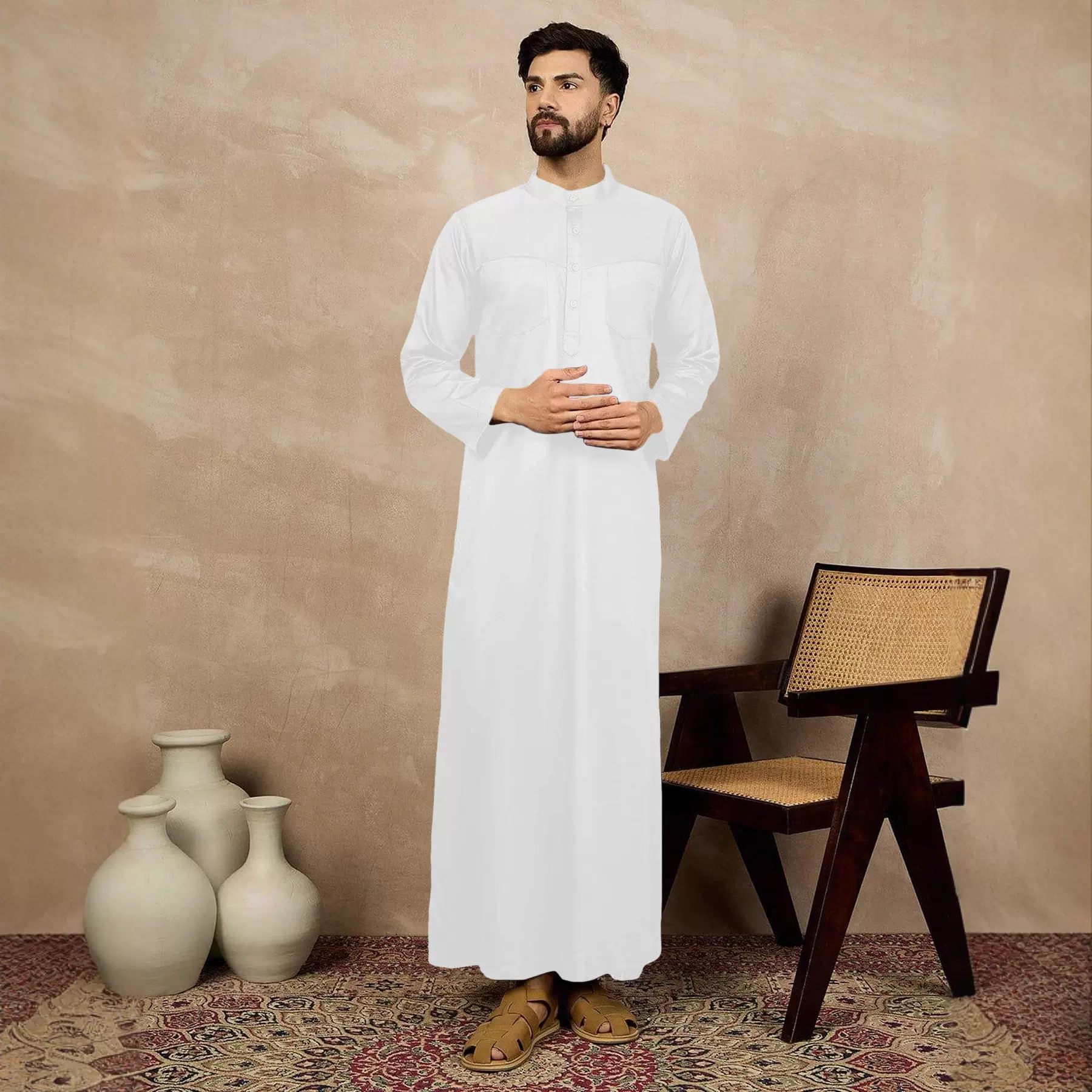 2025新款中东穆斯林男士白色小立领前排扣口袋阿拉伯长袍