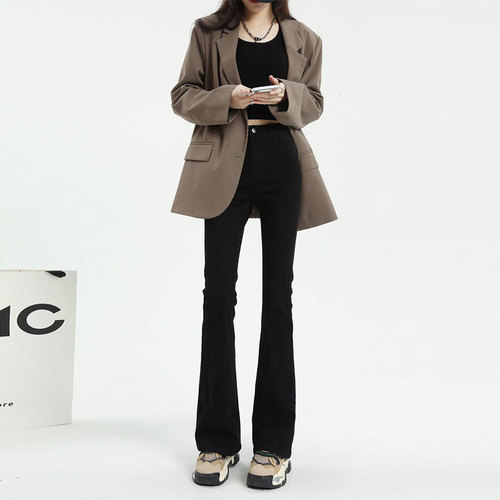 Black mini-jeans for women, spring outfit, petite size, tight high-waisted elastic Mary Jane pants, spicy style, straight leg flare pants