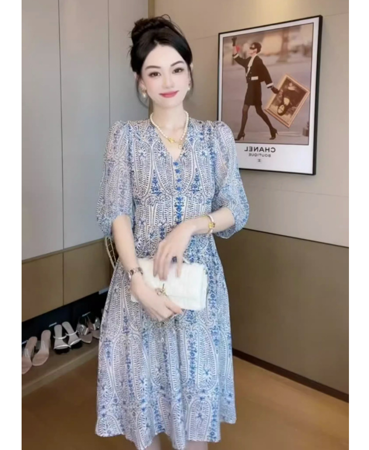 Đầm maxi nữ thắt eo cổ V tay phồng họa tiết hoa voan phong cách Pháp — Màu xanh lam
