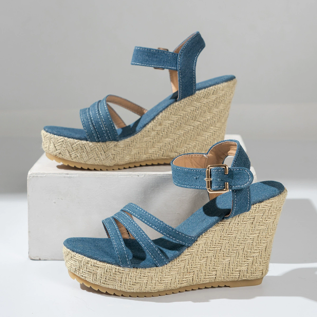 Women’s summer platform wedge sandals, straw platform, blue, sizes 36–42