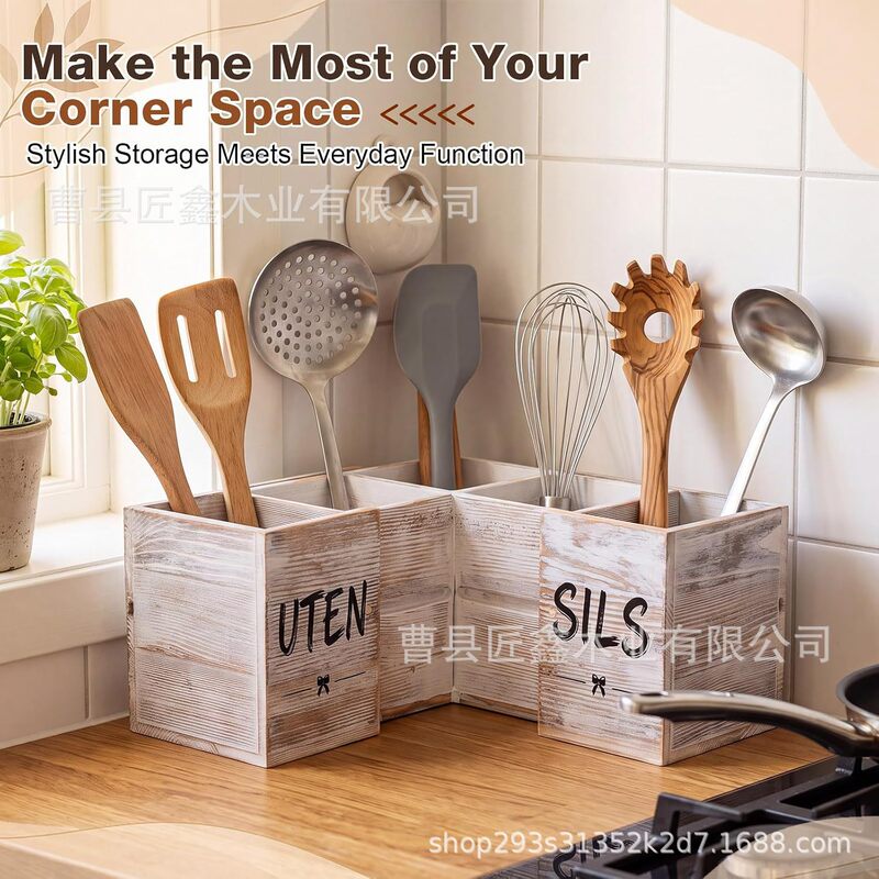 Wooden L-shaped storage box for kitchen utensils, compartmentalized organizer, simple Nordic style desktop storage box, extendable Wooden L-shaped storage box for kitchen utensils, compartmentalized organizer, simple Nordic style desktop storage box, extendable