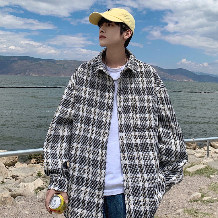 Checked Jacket For Men, Stylish Lapel Coat For Couples Loose Fit_voghion.com