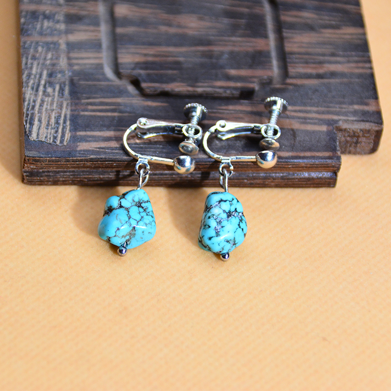 짧은 작은 귀걸이 비대칭 청록색 귀걸이 티베트 귀걸이 독특한 오리지널 스톤 티베트어 액세서리 귀걸이 민족 스타일