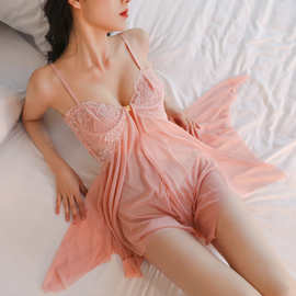 情趣内衣性感漏乳蕾丝透视诱惑睡衣钢托聚拢前开叉睡裙女挑逗睡裙