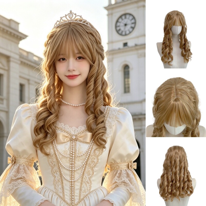 Wig for women, retro court-style, golden Roman curls, air bangs, princess hairstyle, full headpiece, cosplay, factory direct supply Wig for women, retro court-style, golden Roman curls, air bangs, princess hairstyle, full headpiece, cosplay, factory direct supply