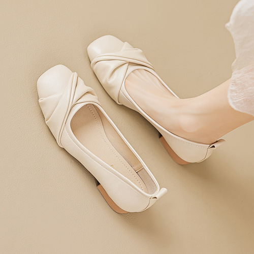 Whiskey Girl 9169-5 Thick Heel Single Shoes Women's Summer Shallow Mouth Low Heel Soft Sole Peas Shoes Wide Fat Feet Large Size Women's Shoes