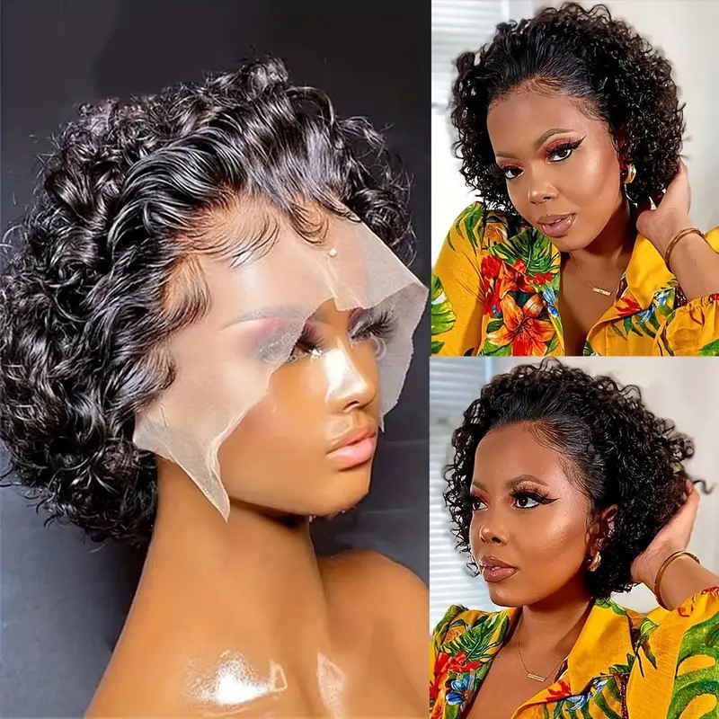 Foreign trade wig European and American short curly hair front lace 13X1 lace human hair pixel cut hair