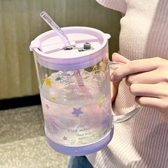 高見えウォーターカップ、シンプルな耐熱マグカップ、ハンドル付き高ホウケイ酸大容量ストローカップ、家庭用ガラスカップ