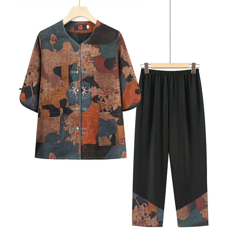 2024 New Middle-aged and Elderly Women's Suit Thin Grandma Summer Short-sleeved T-shirt Two-piece Old Lady Summer Clothes