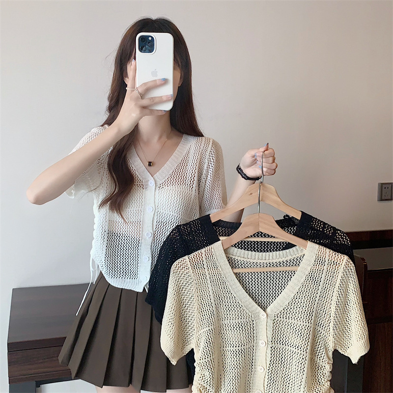 Ice Silk thin hollow-out short-sleeved knitted cardigan women's summer small shawl hot girl outer wear age-reducing drawstring chic top