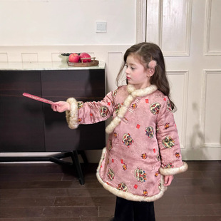[Padded] children's national style little lion satin long-sleeved cotton-padded jacket skirt new Chinese-style modified rough cheongsam New Year's dress