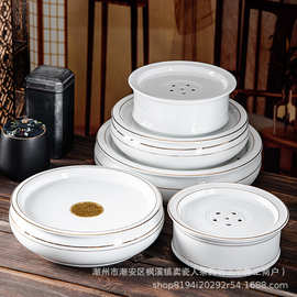 2025新款潮汕功夫茶盘陶瓷圆形储水式家用茶盘纯白禅意功夫茶具