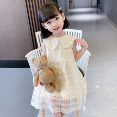 女童連衣裙兒童裙子2024新款女寶寶娃娃領蕾絲公主裙夏季時髦衣服