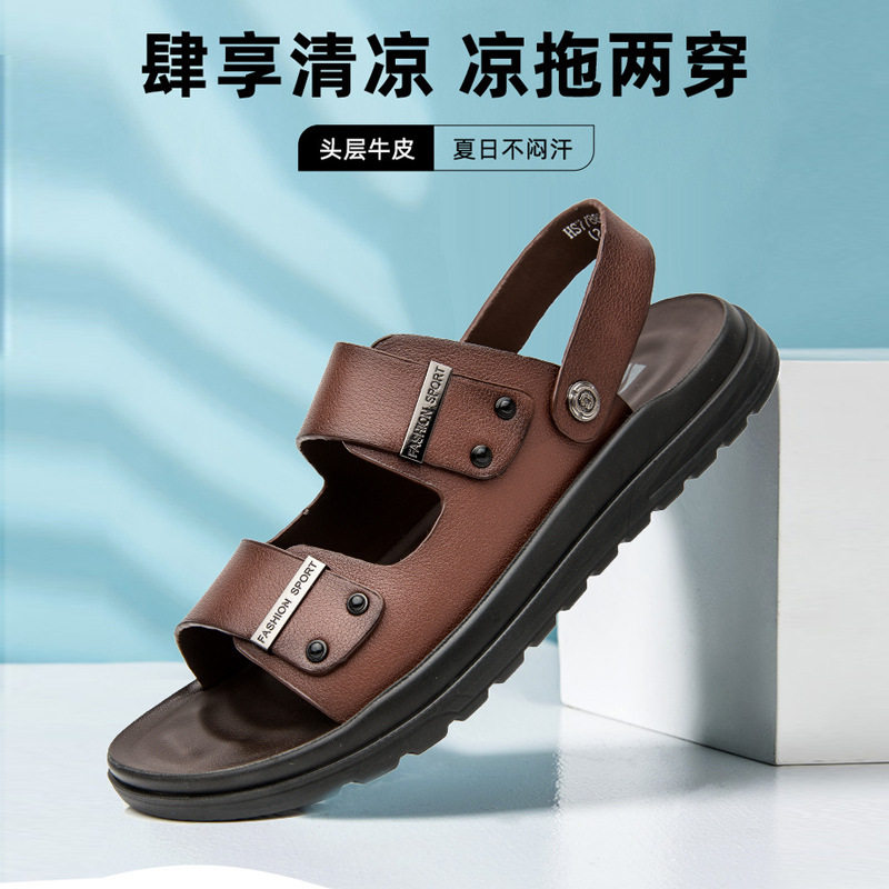 Dép sandal nam da bò hở mũi đế mềm gót 3 cm — nâu