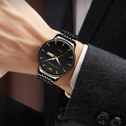 New Men's Watch Waterproof Steel Band Business Dual Date Quartz Men's Watch Cross-border