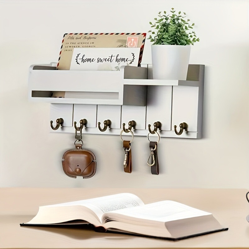 Cross-Border Wall-Mounted Key Rack with Hooks, Wooden and Shelf, Farmhouse Style Entryway Kitchen Living Room Storage Rack