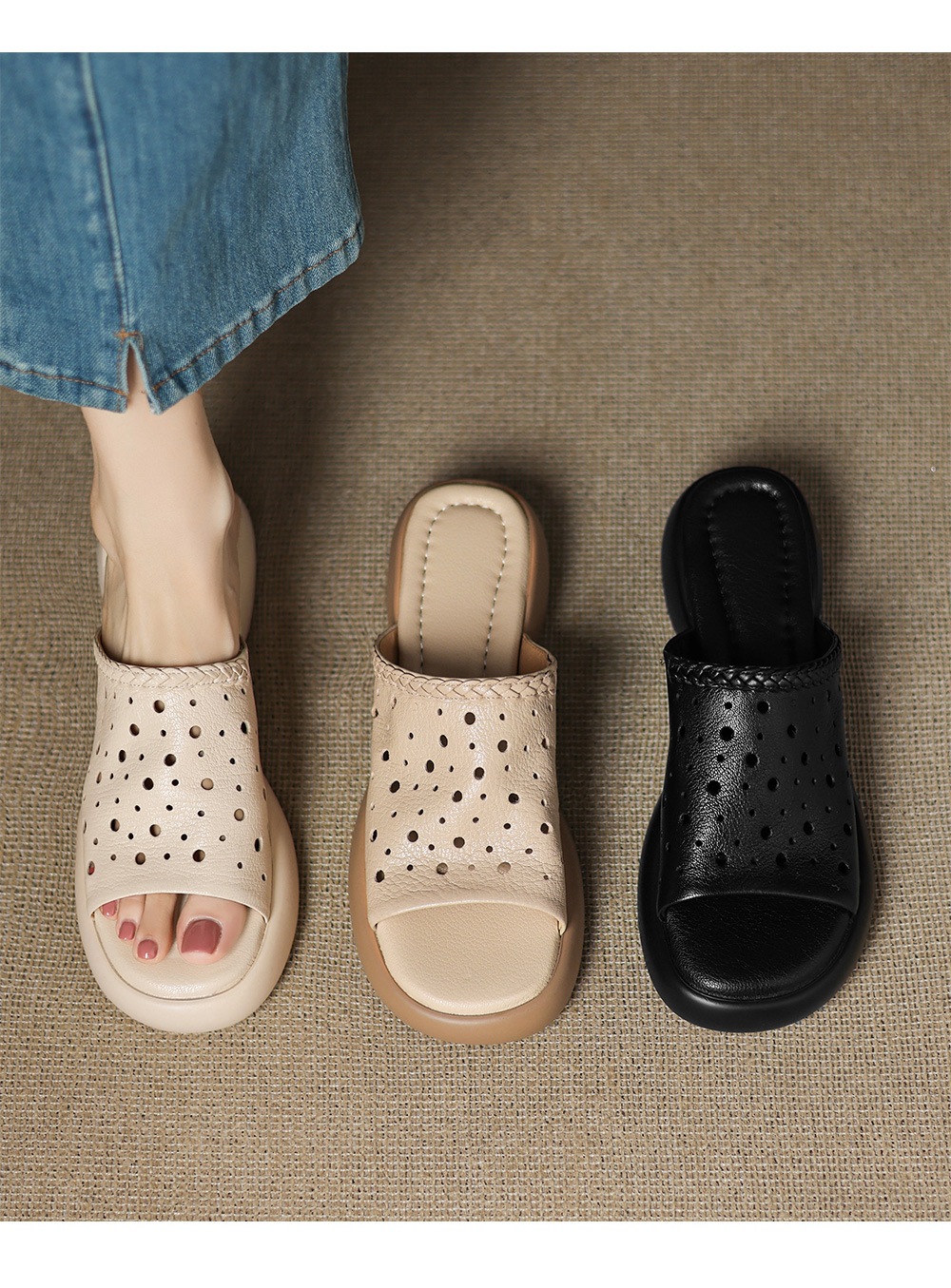 Dép sandal nữ quai chữ V đế dày da cừu mềm đi biển — đen chi tiết 2