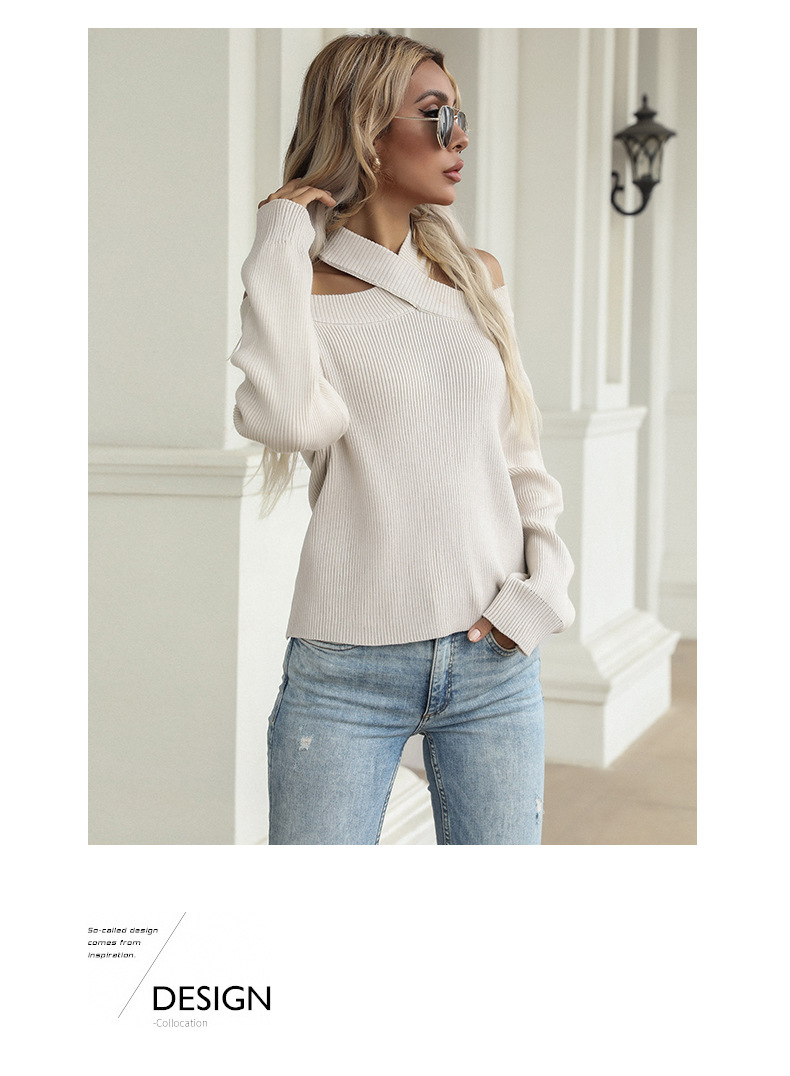 Solid Color Knitted Pullover Top Hollow Cross Halter Neck Off-shoulder Slim Sweater_voghion.com