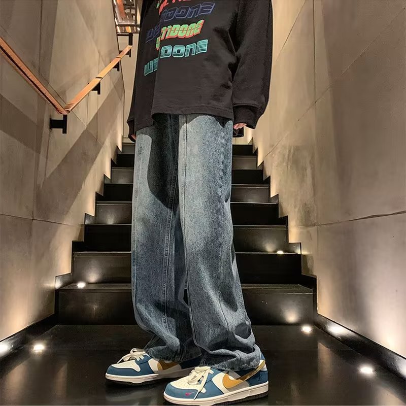 Spring and Autumn New Jeans High Street Versatile Blue Straight Pants Ins Trendy Washed Distressed Wide-Leg Floor-Length Pants