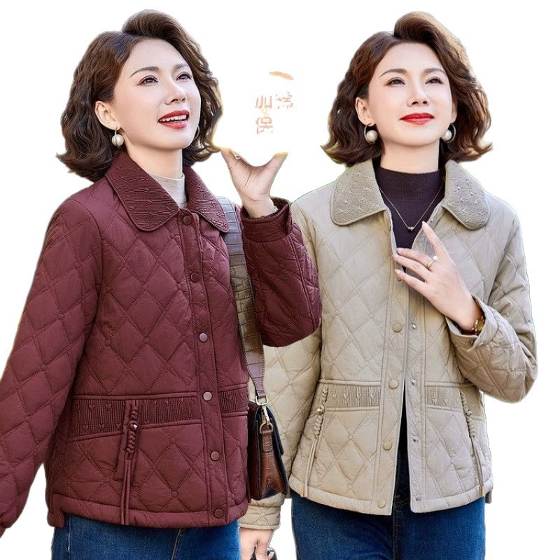 Light and thin short keep warm down jacket for mother for leisure, for middle age
