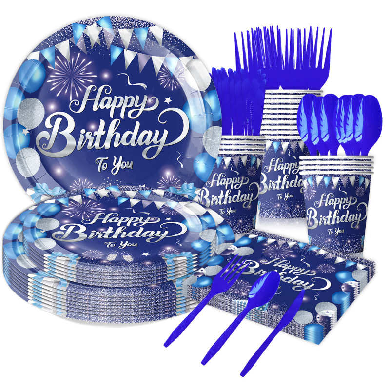 New Blue Birthday Theme Party Tableware Decoration Disposable Paper Tray Paper Cup Paper Towel Tablecloth Knife, Fork and Spoon