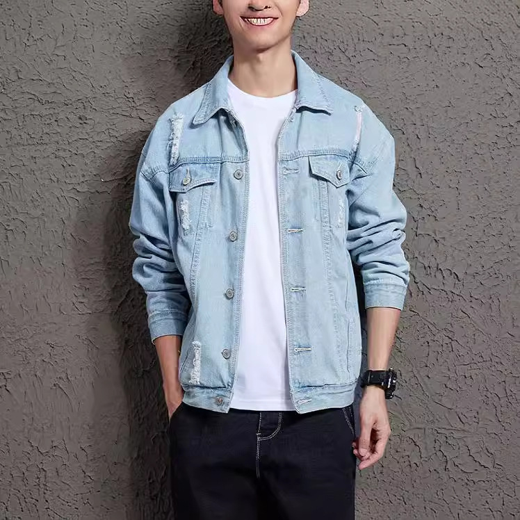 Marca de moda rasgada Denim abrigo de invierno de los hombres ropa de trabajo informal de color claro de moda suelta Ruan guapo chaqueta de los hombres