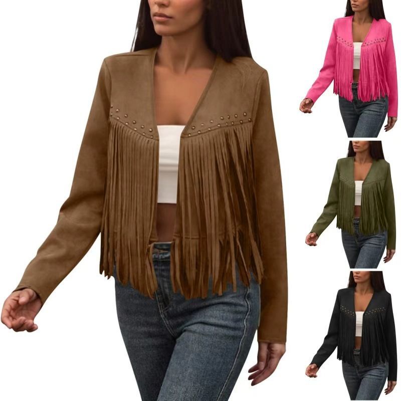 2026 New Style Tassel Jacket for Women, Fashionable Solid Color Tassel and Rivet Design, Trendy Versatile Jacket in Solid Color